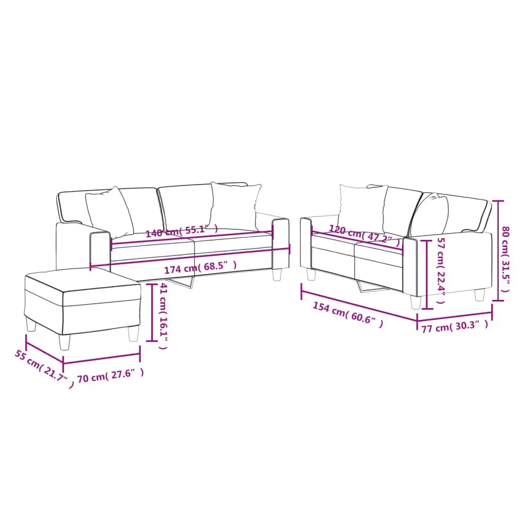 3 Piece Sofa Set for Living Room Brown Faux Leather Upholstery with Pillows and Footstool