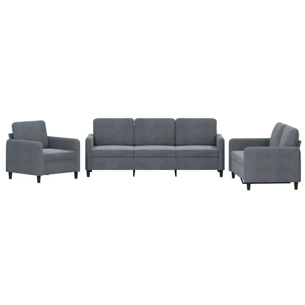 3 Piece Sofa Set Grey Velvet Living Room