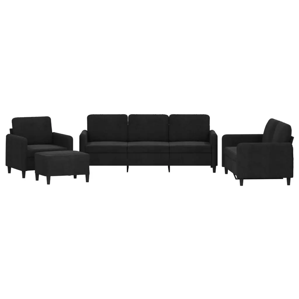4 Piece Sofa Set Black Velvet Living Room Furniture Couch with Footstool