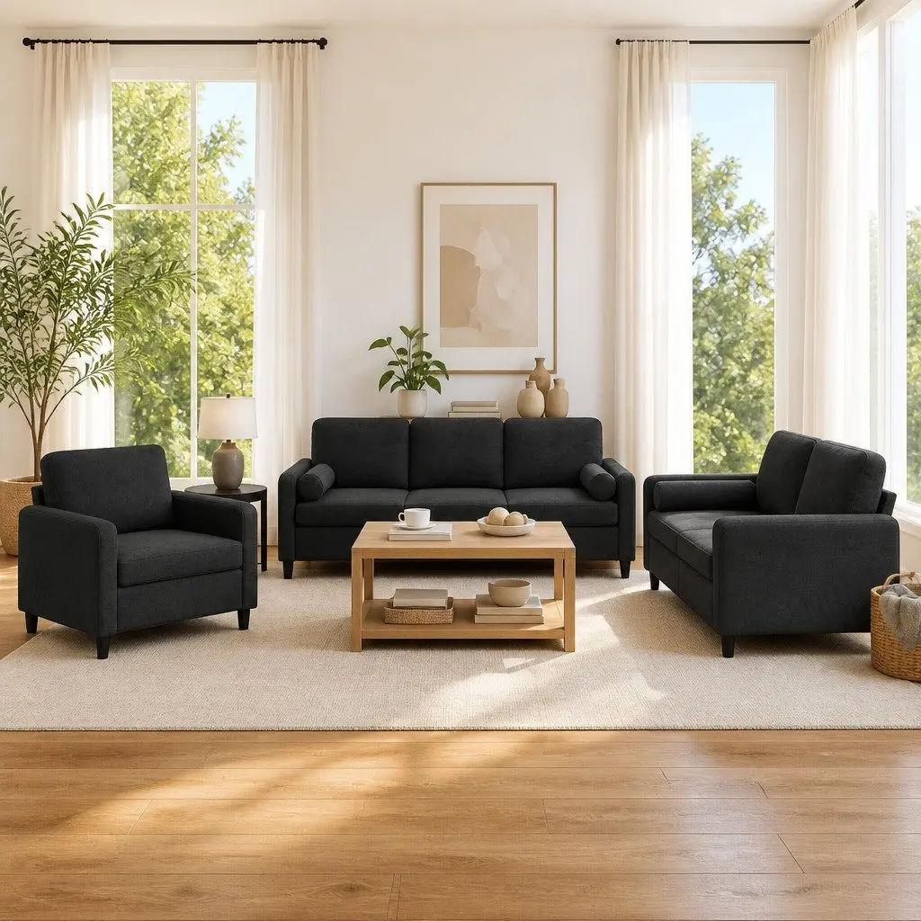 3 Piece Black Velvet Sofa Set with Roll Pillows