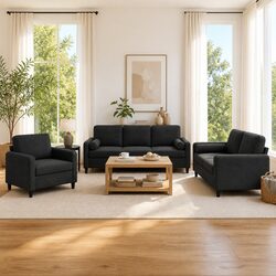 3 Piece Black Velvet Sofa Set with Roll Pillows