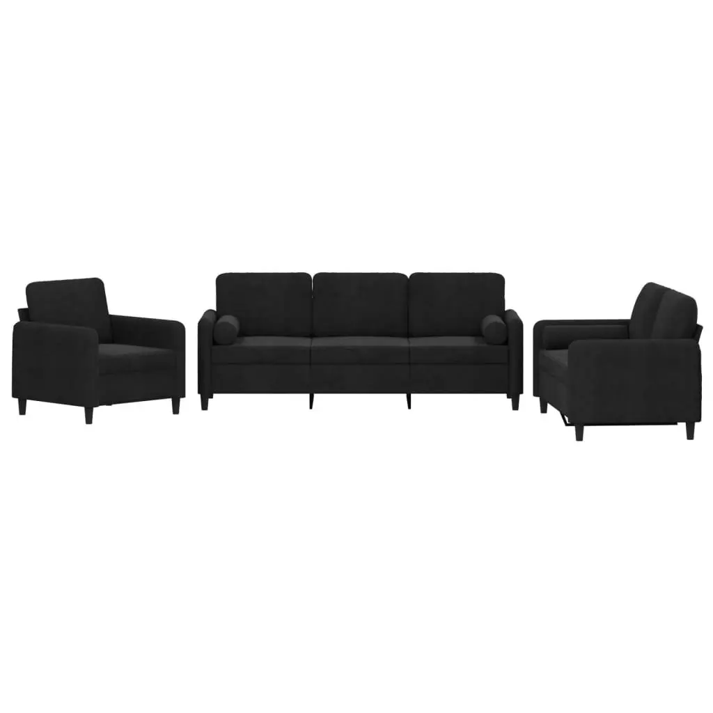 3 Piece Black Velvet Sofa Set with Roll Pillows