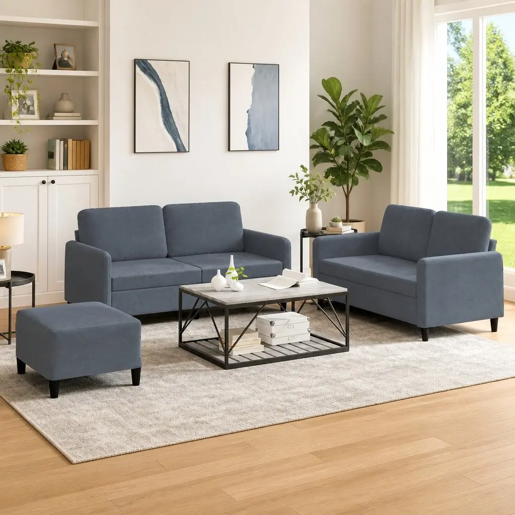 3 Piece Sofa Set Grey Velvet Living Room Furniture