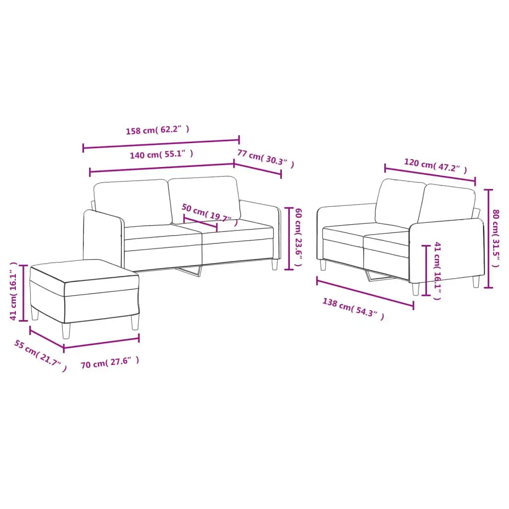 3 Piece Sofa Set Grey Velvet Living Room Furniture