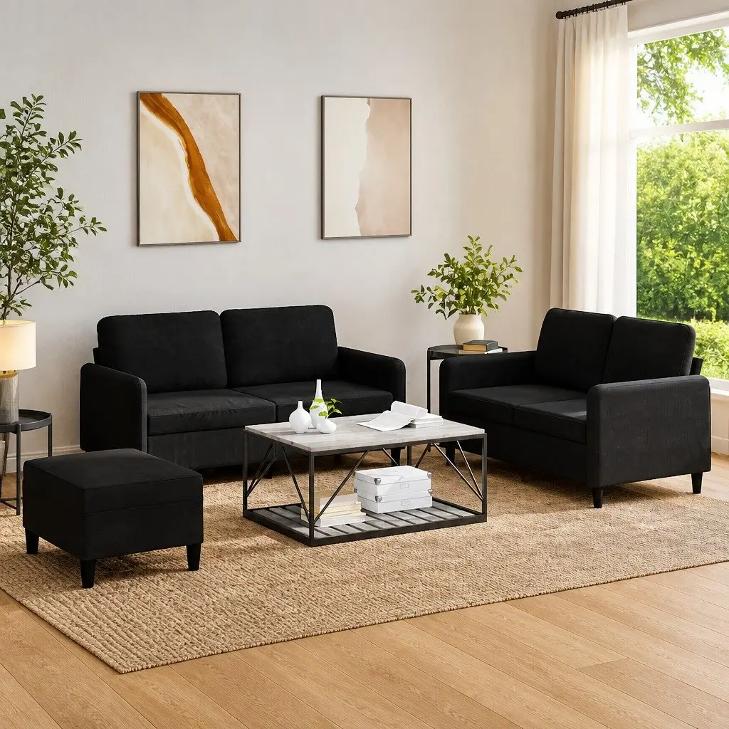3 Piece Sofa Set Black Velvet Living Room Furniture