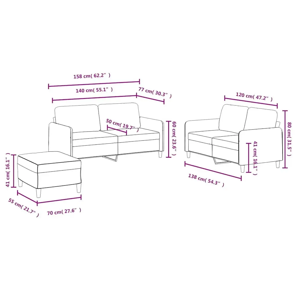 3 Piece Sofa Set Black Velvet Living Room Furniture