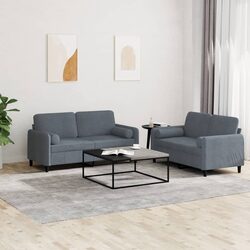 Durable 2 Piece Sofa Set in Grey Velvet with Roll Pillows