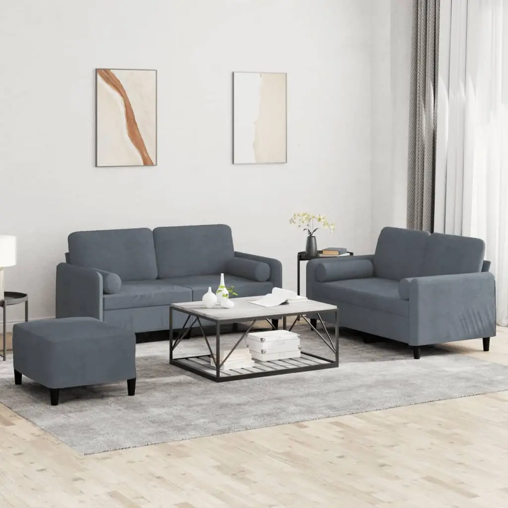 3 Piece Sofa Set Living Room Grey Velvet