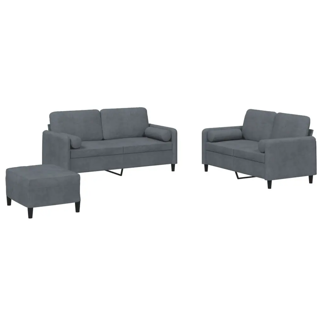 3 Piece Sofa Set Living Room Grey Velvet