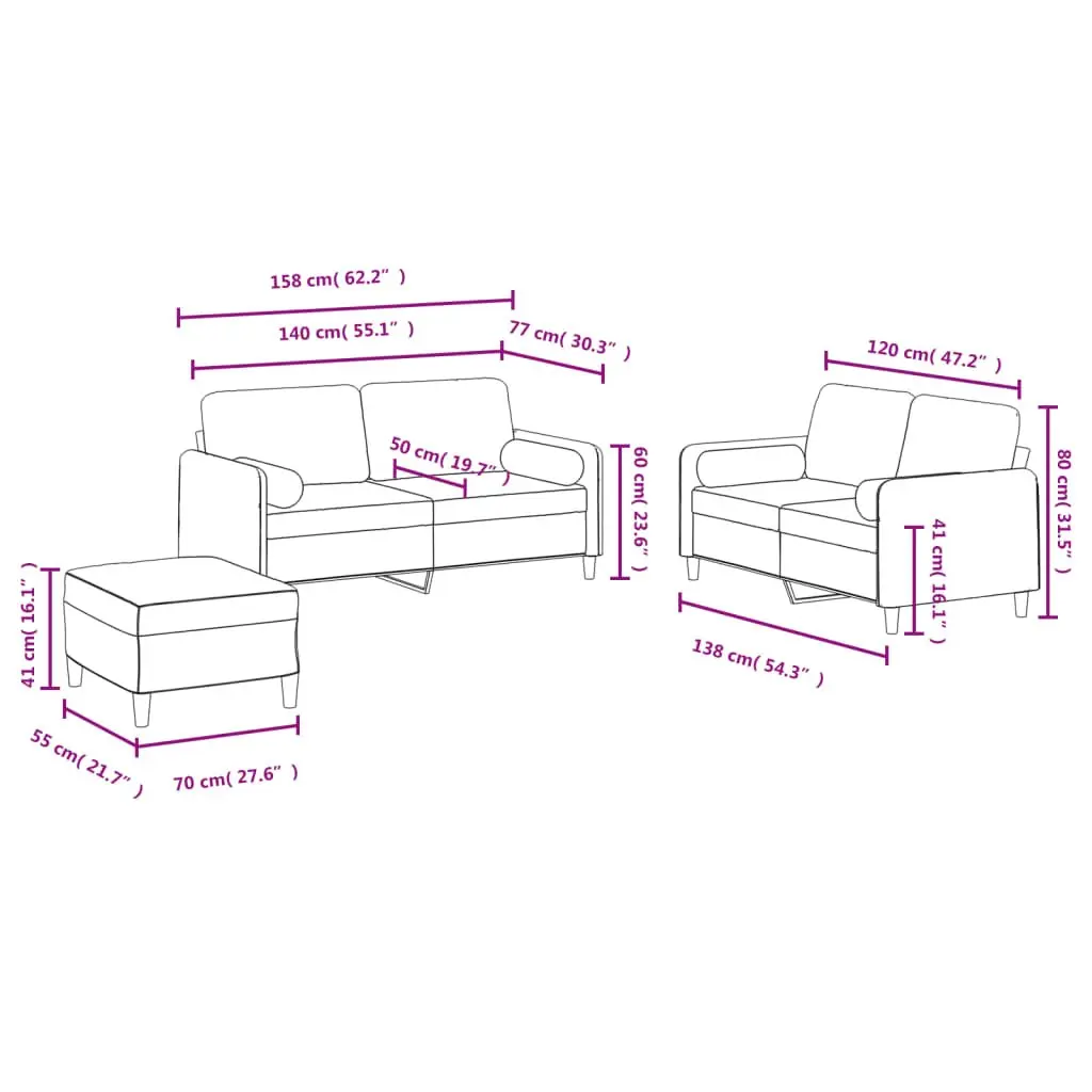 3 Piece Sofa Set Living Room Grey Velvet