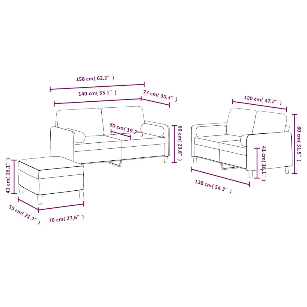 Sofa Set Living Room Black Velvet 3 Piece