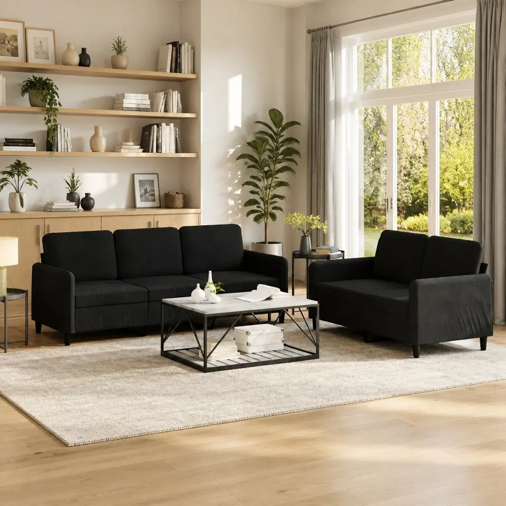 Black Velvet 2 Piece Sofa Set with Sturdy Construction