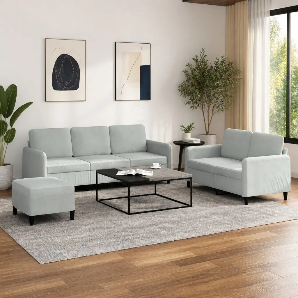 3 Piece Grey Velvet Sofa Set with Footstool