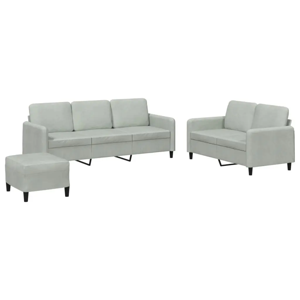3 Piece Grey Velvet Sofa Set with Footstool