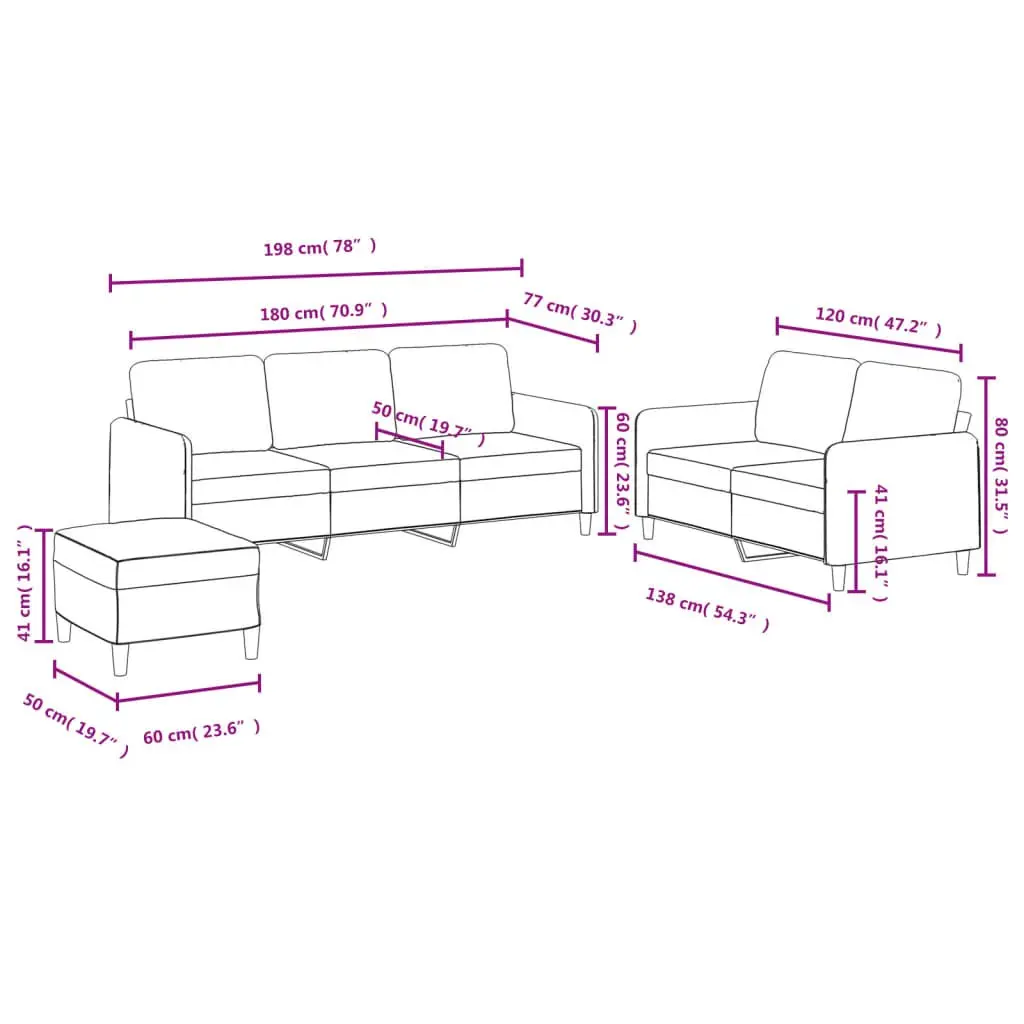 3 Piece Grey Velvet Sofa Set with Footstool