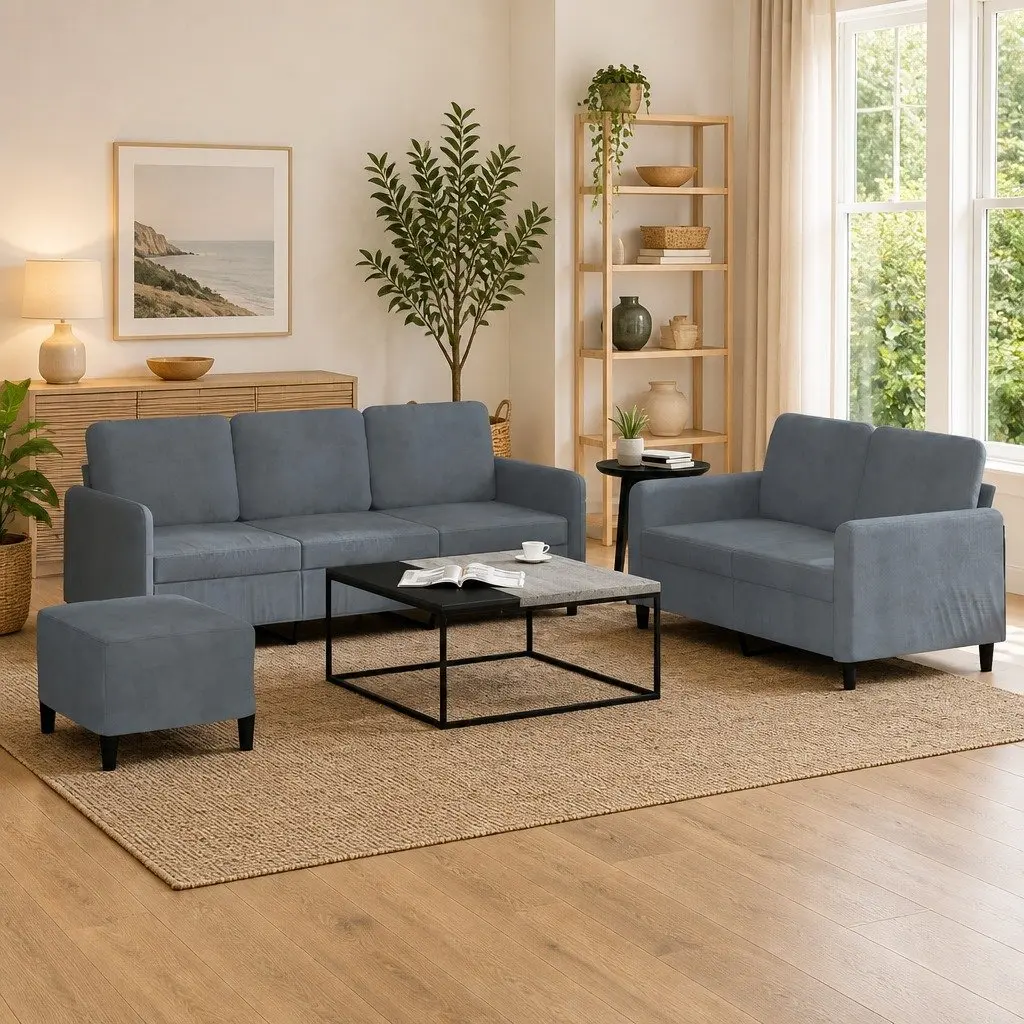 3 Piece Sofa Set Living Room Grey Velvet Couch Armchair Footstool