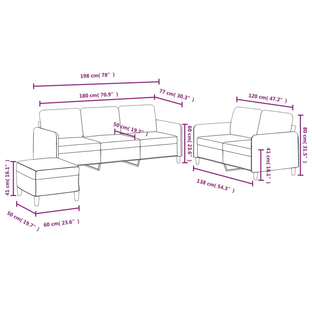 3 Piece Sofa Set Living Room Grey Velvet Couch Armchair Footstool