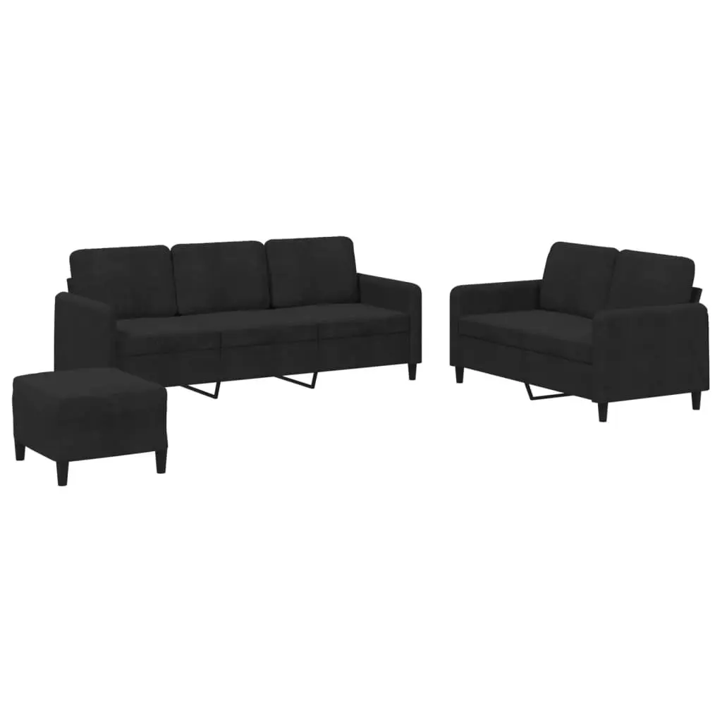 3 Piece Sofa Set Black Velvet Lounge Suite with Footstool Living Room Furniture