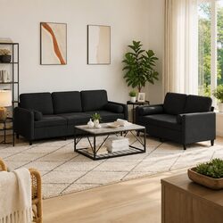 2 Piece Sofa Set: Black Velvet, Plywood and Metal Frame