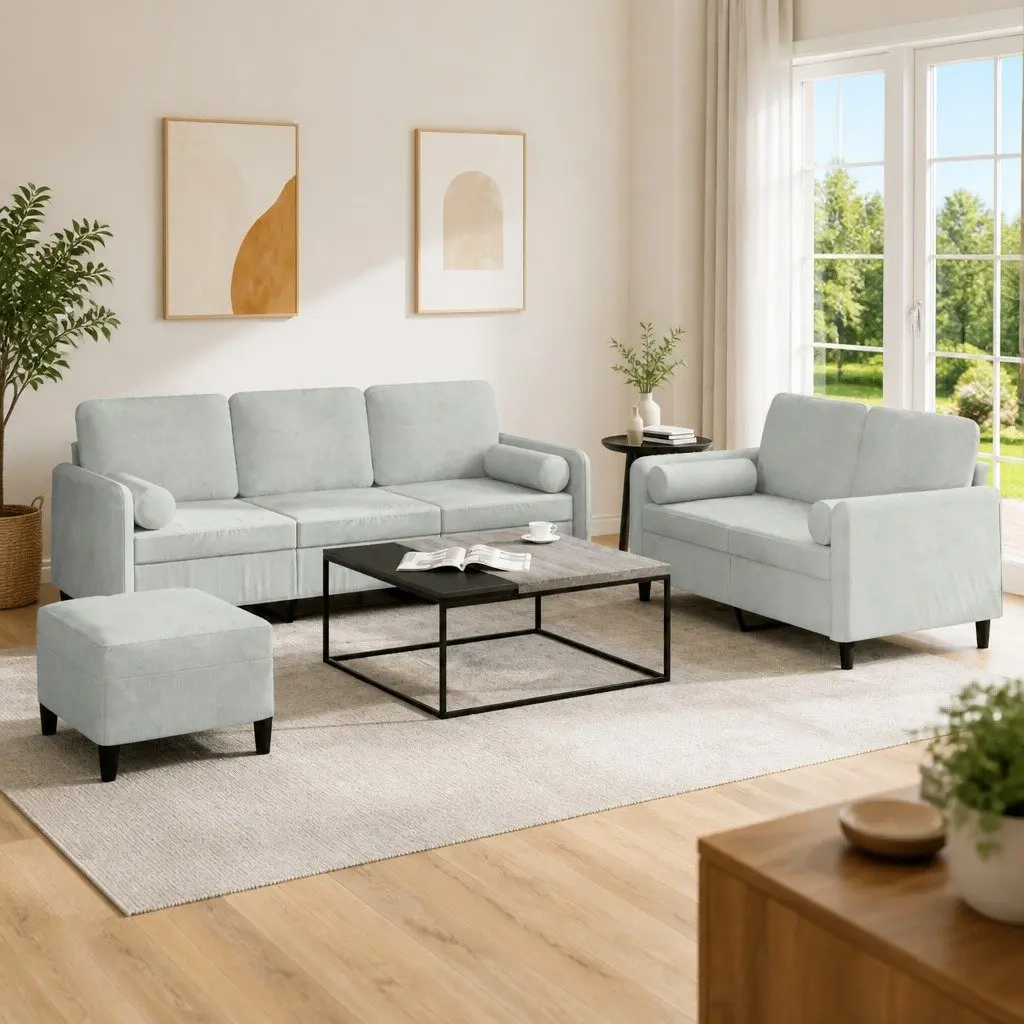 3 Piece Sofa Set Living Room Grey Velvet Couch with Pillows Footstool