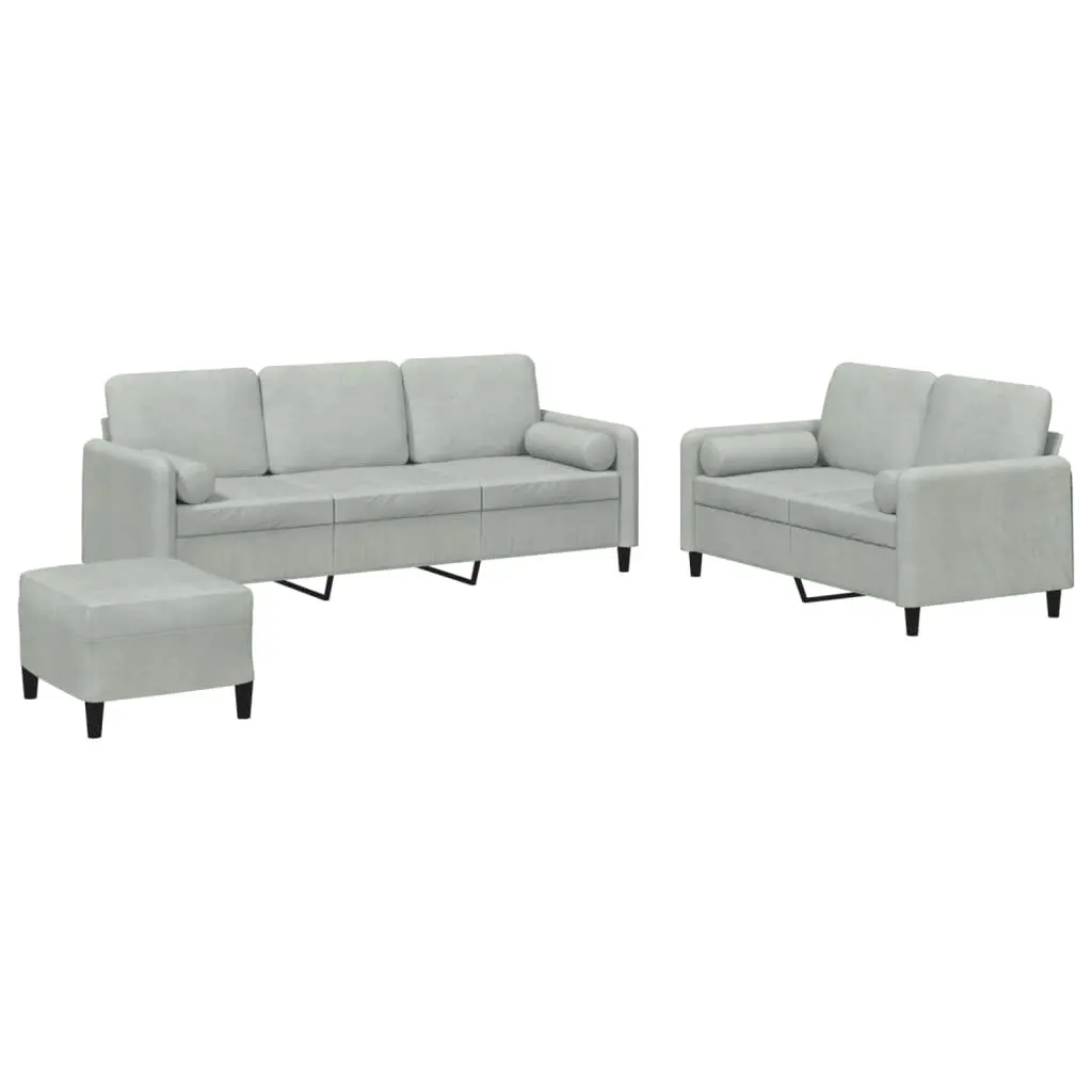 3 Piece Sofa Set Living Room Grey Velvet Couch with Pillows Footstool