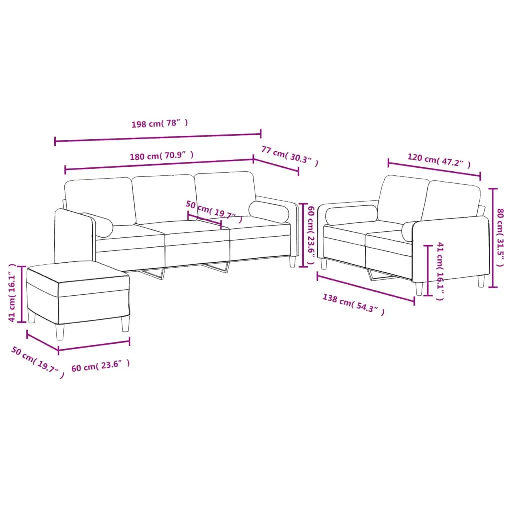 3 Piece Sofa Set Living Room Grey Velvet Couch with Pillows Footstool