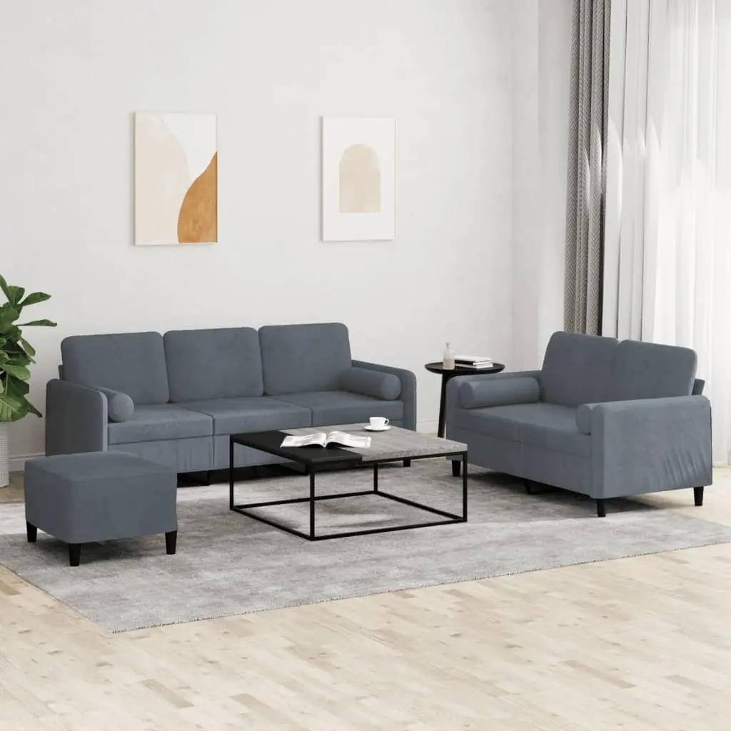 3 Piece Sofa Set Living Room Grey Velvet Couch with Pillows Footstool