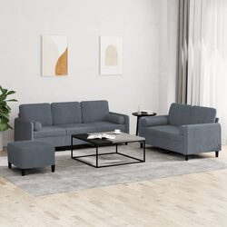 3 Piece Sofa Set Specs: Grey Velvet Couch with Footstool