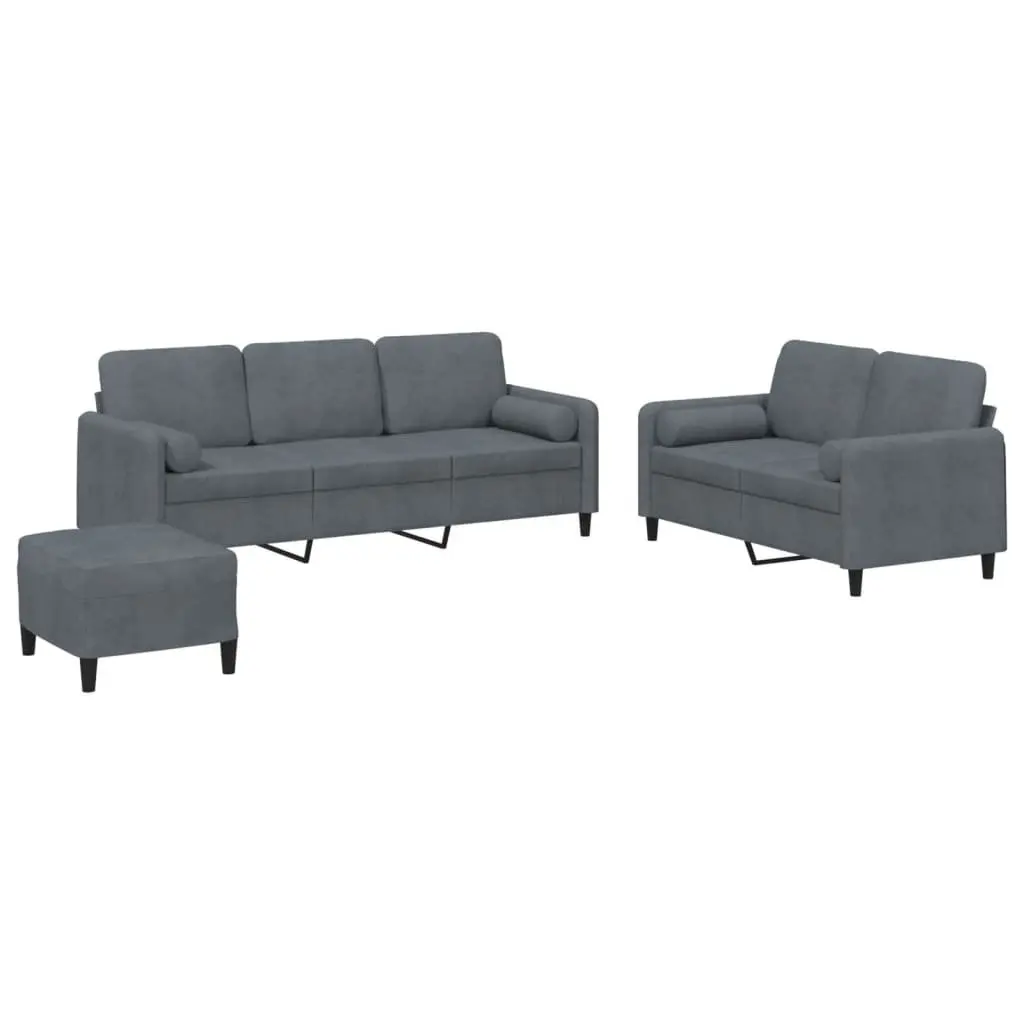 3 Piece Sofa Set Living Room Grey Velvet Couch with Pillows Footstool