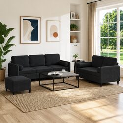 3 Piece Sofa Set Specifications: Black Velvet with Pillows