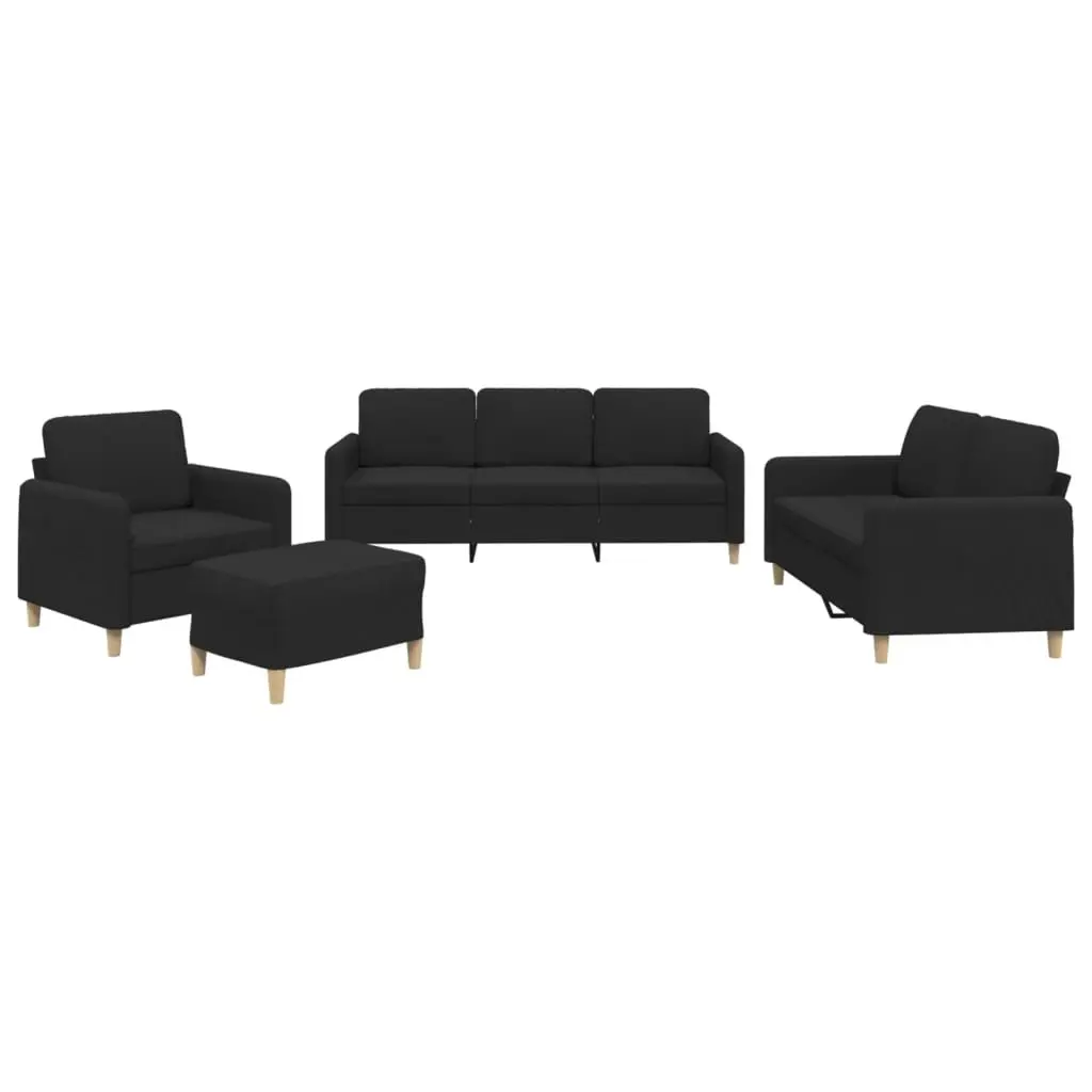 4 Piece Sofa Set with Cushions Footstool Black Fabric Living Room Seating
