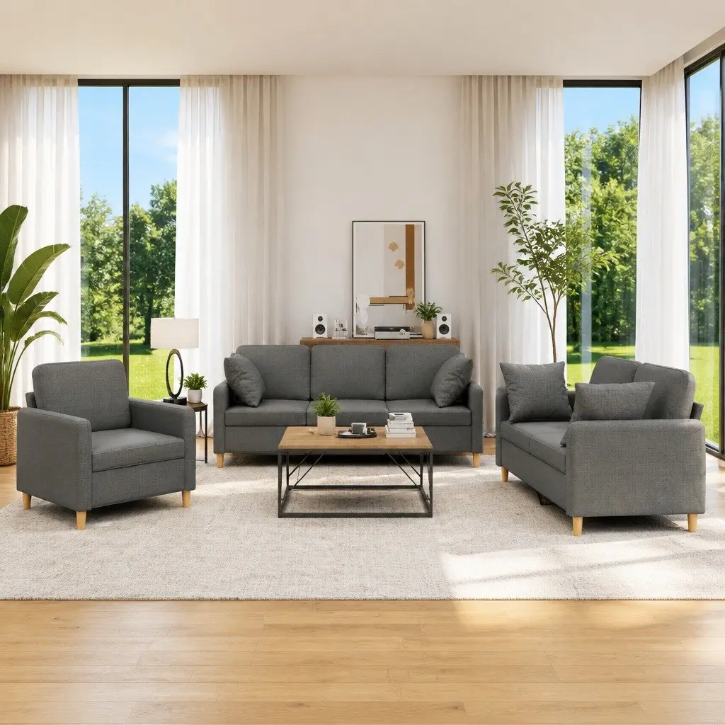 Sofa Set Living Room Grey Fabric 3 Piece