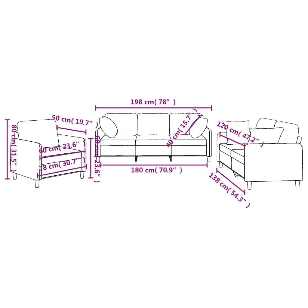 Sofa Set Living Room Grey Fabric 3 Piece