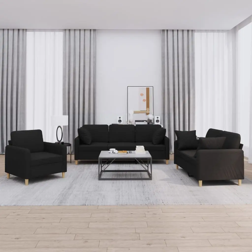 3 Piece Sofa Set Living Room Black Fabric