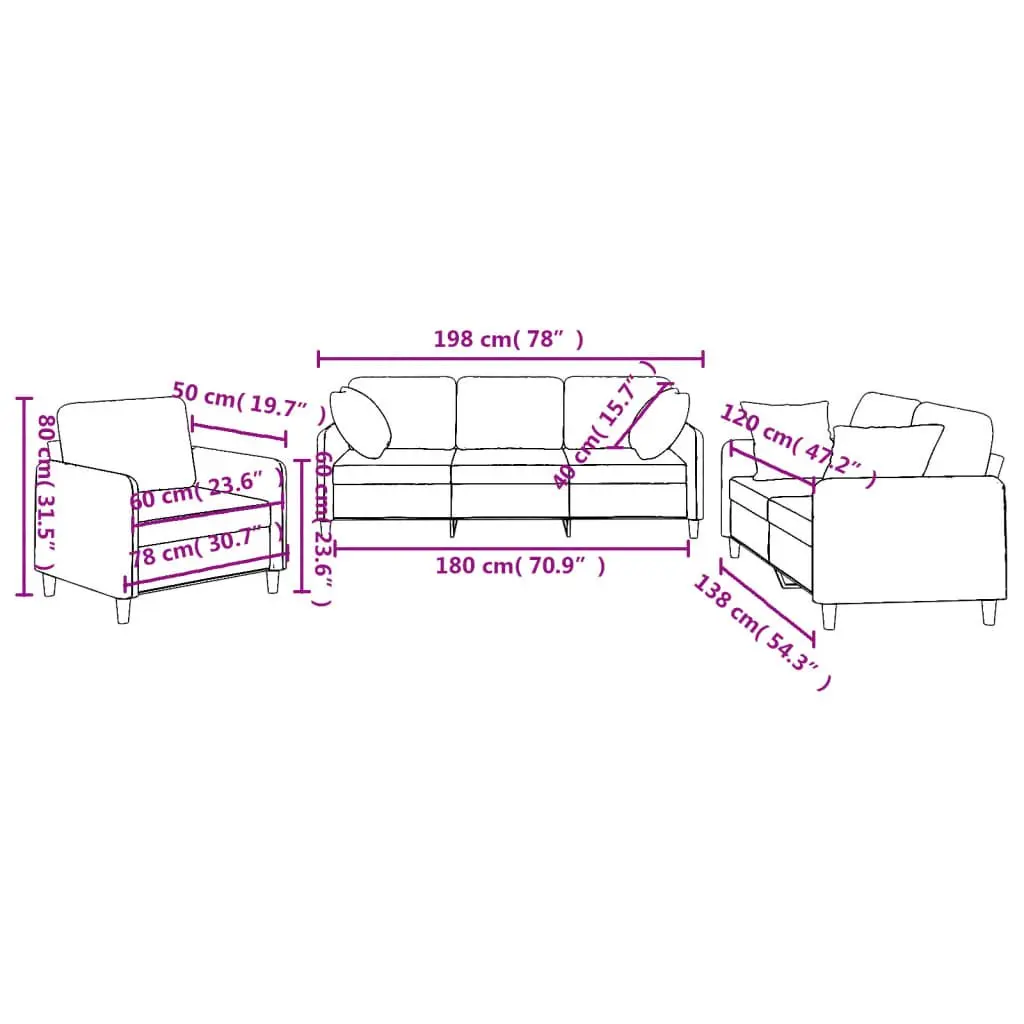 3 Piece Sofa Set Living Room Black Fabric