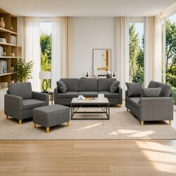 4 Piece Sofa Set Grey Fabric Couch with Throw Pillows and Footstool Living Room