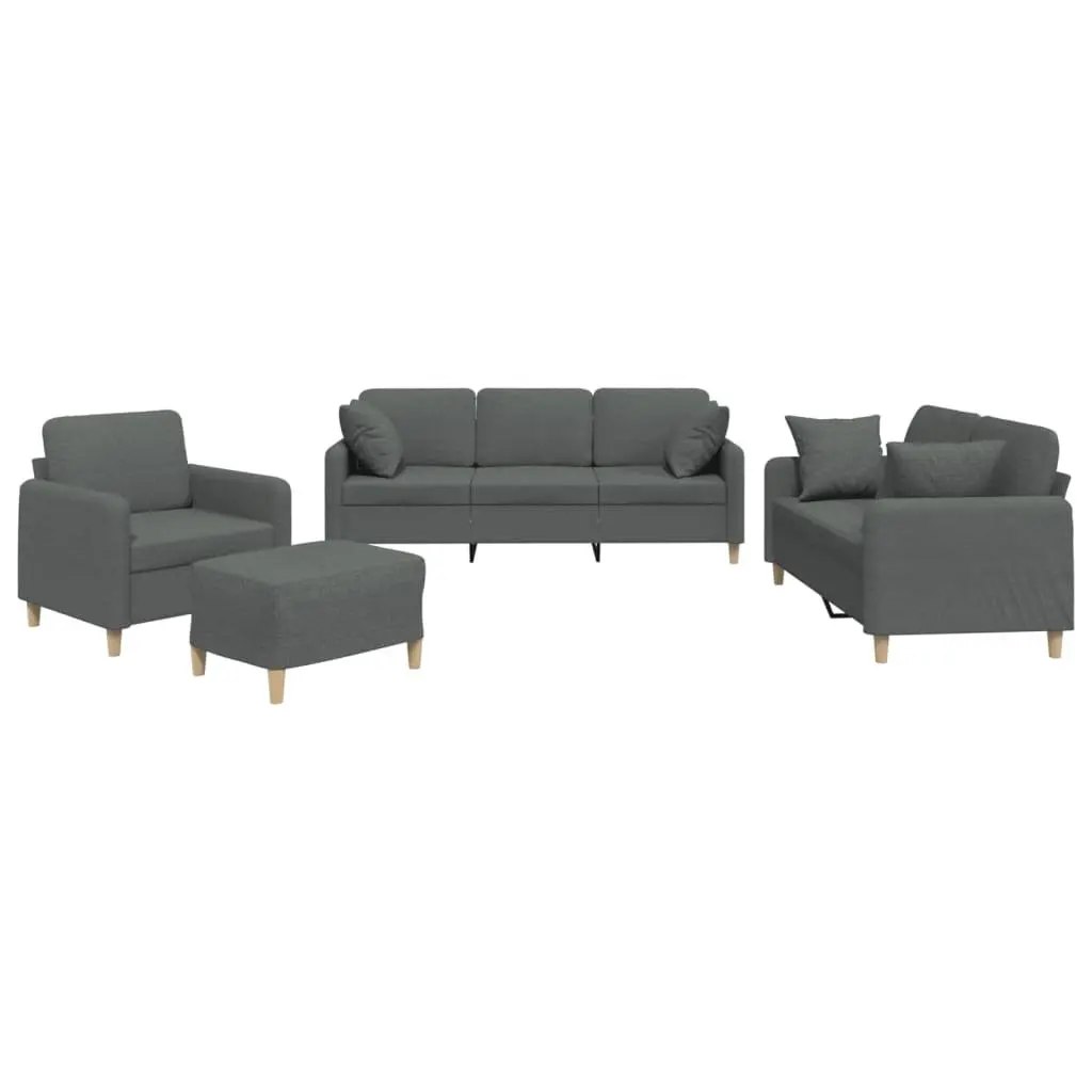 4 Piece Sofa Set Grey Fabric Couch with Throw Pillows and Footstool Living Room
