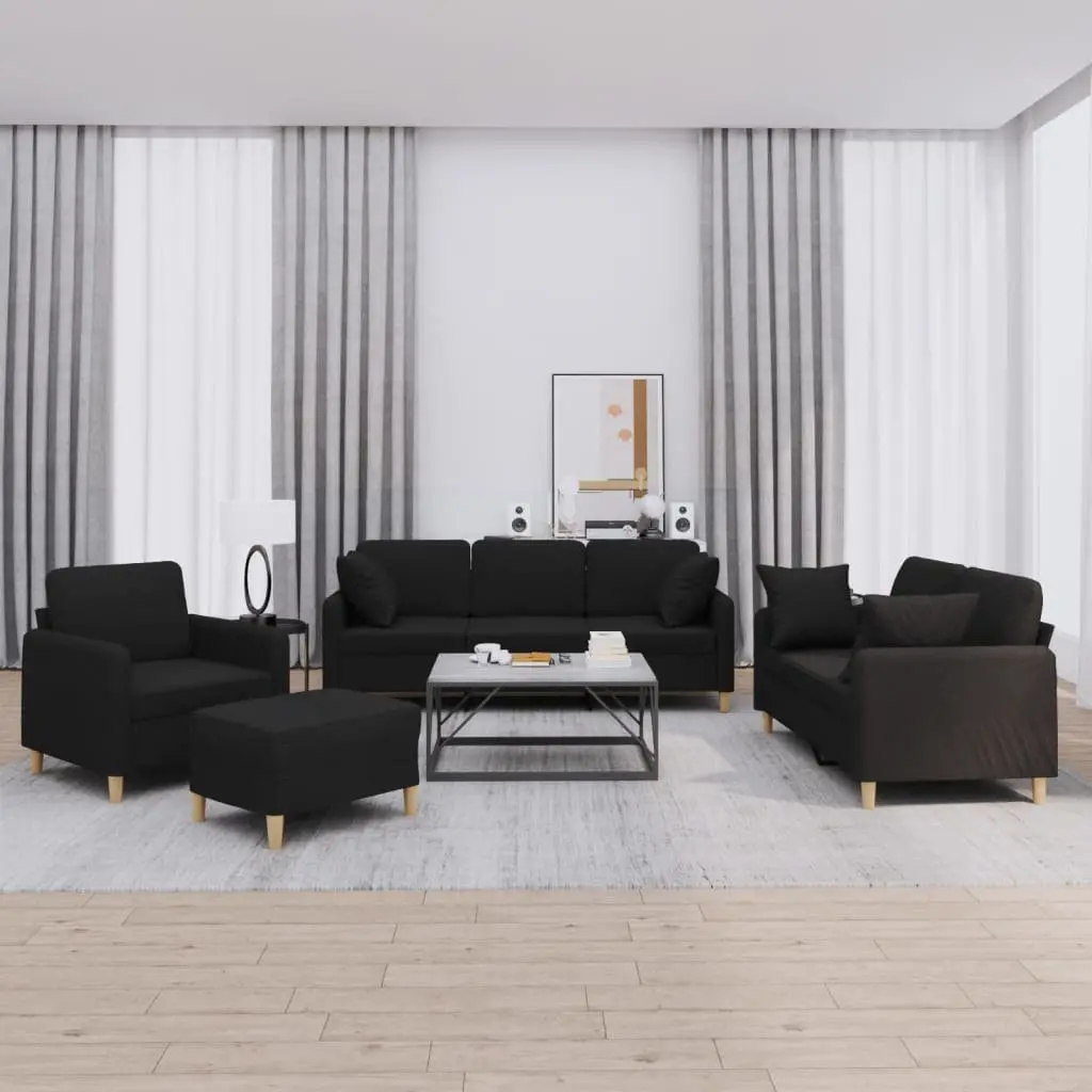 4 Piece Black Fabric Sofa Set with Sturdy Construction