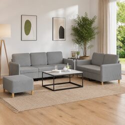 3 Piece Sofa Set Grey Fabric Couch Lounge with Cushions & Footstool Living Room
