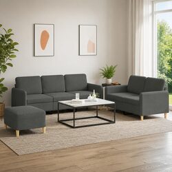 Three-Piece Grey Fabric Sofa Set with Cushions and Footstool