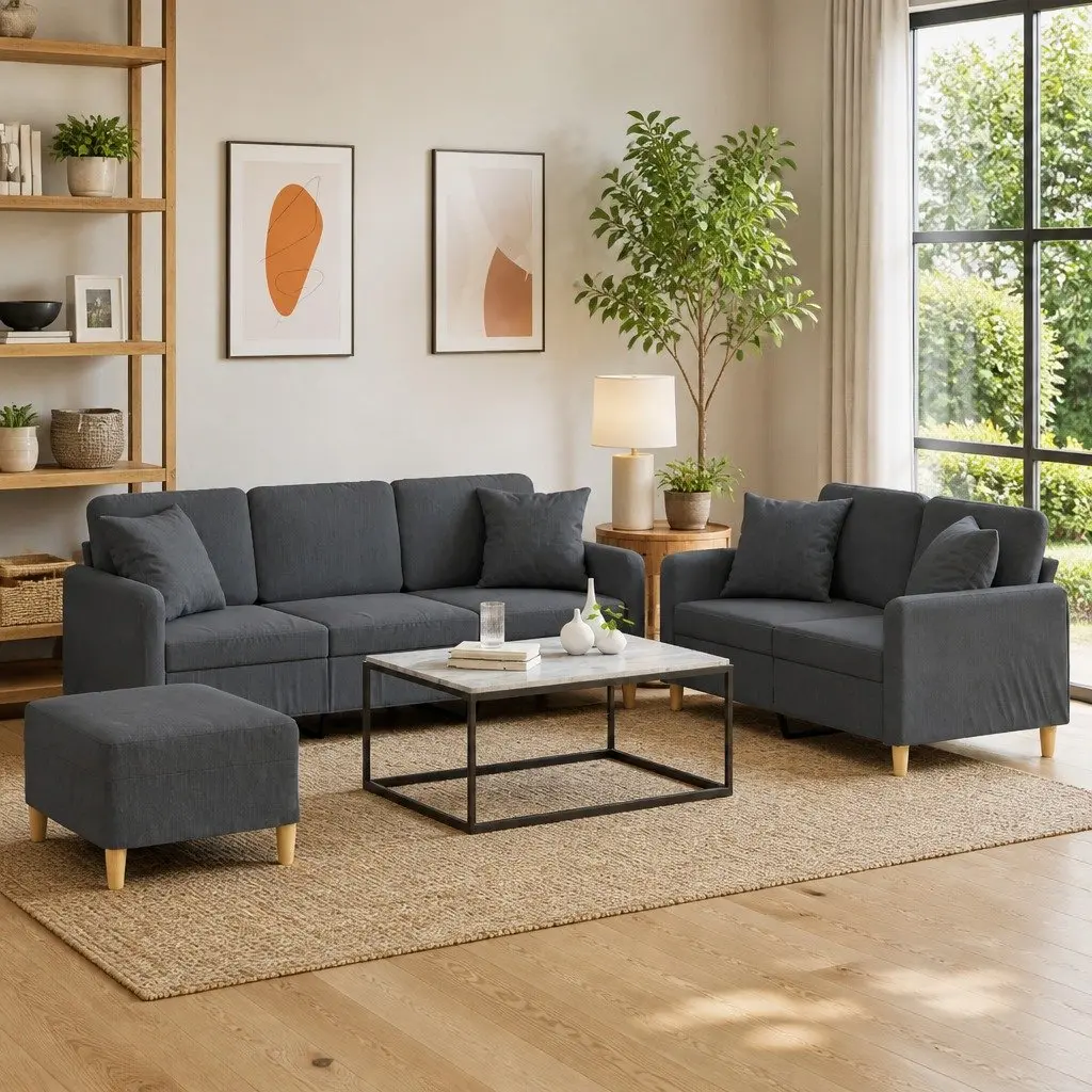 Grey Fabric Sofa Set for Living Room 3 Piece with Footstool and Throw Pillows