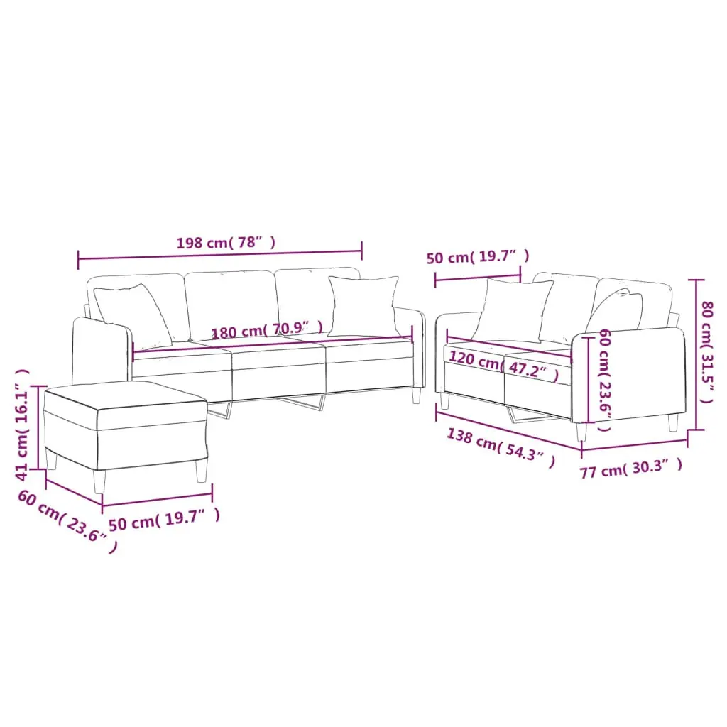 Grey Fabric Sofa Set for Living Room 3 Piece with Footstool and Throw Pillows