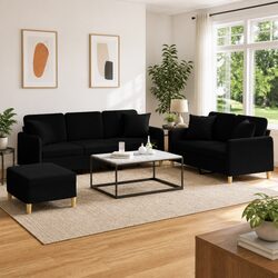3 Piece Sofa Set Specifications: Black Fabric Couch