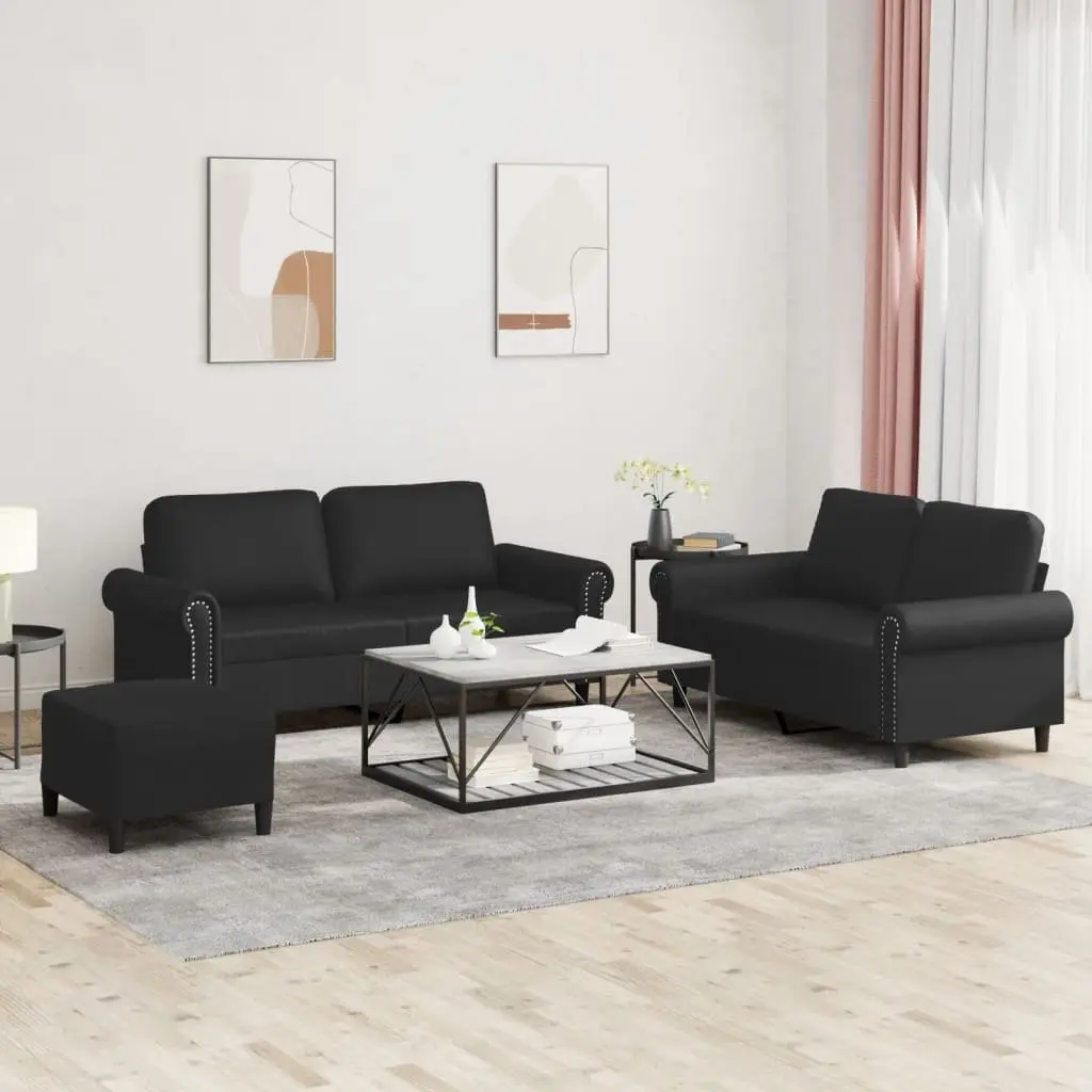 3 Piece Sofa Set for Living Room Black Faux Leather