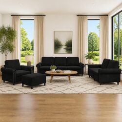 Specifications for 4-Piece Black Velvet Sofa Set with Footstool