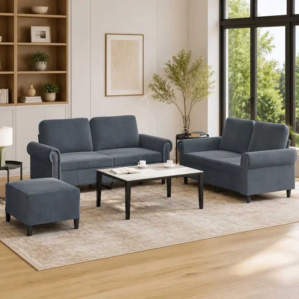 3 Piece Sofa Set Grey Velvet Living Room Suite