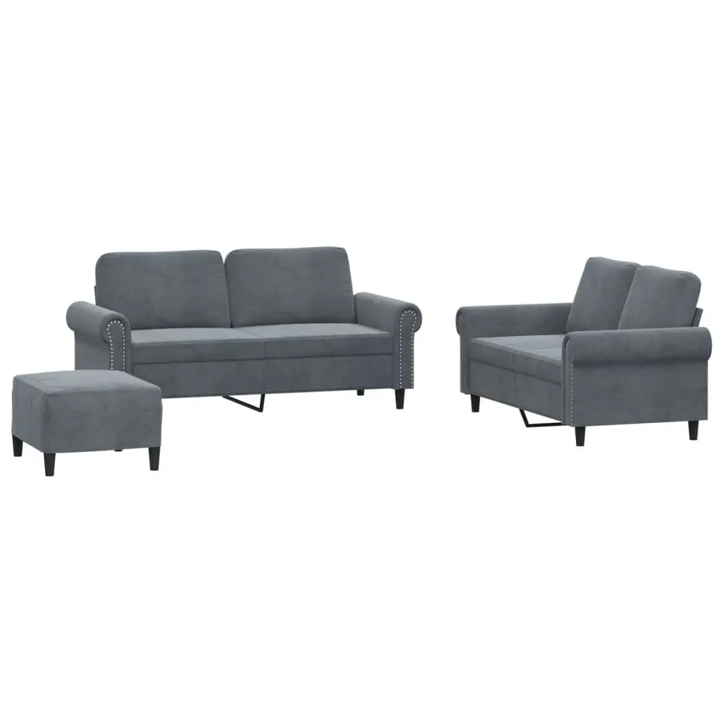 3 Piece Sofa Set Grey Velvet Living Room Suite