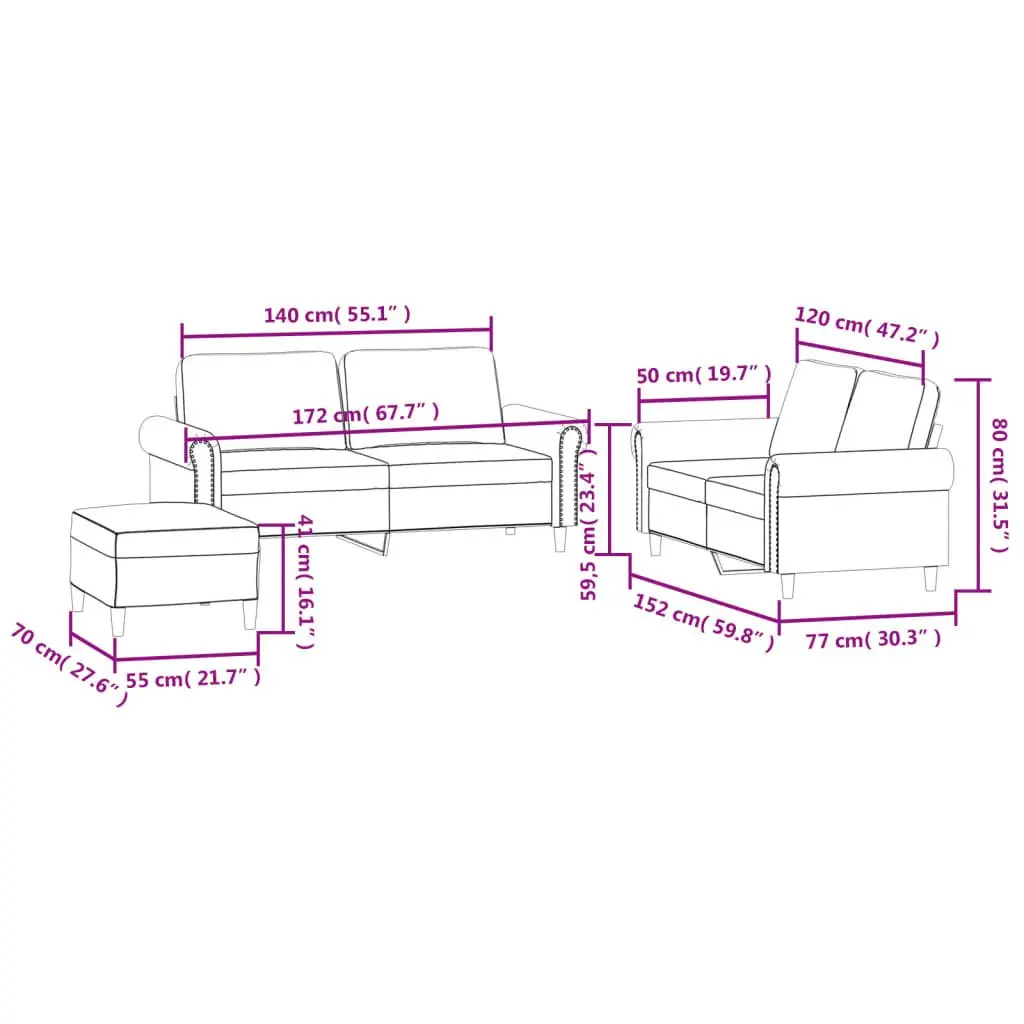 3 Piece Sofa Set Grey Velvet Living Room Suite