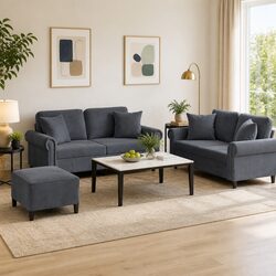 3 Piece Sofa Set - Grey Velvet, Plywood & Metal Frame