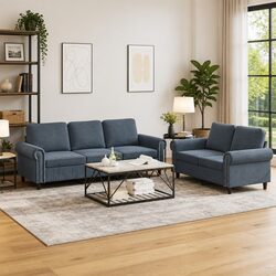 2 Piece Sofa Set: Grey Velvet Upholstery, Sturdy Construction